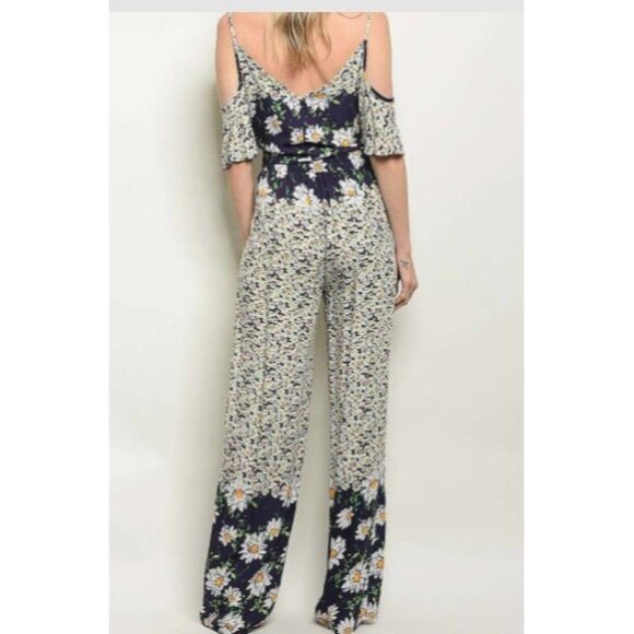 Women's Wide Leg Floral Outfit Blue Cold Shoulder‎ Floral Print Pant Set Size L - Picture 6 of 7